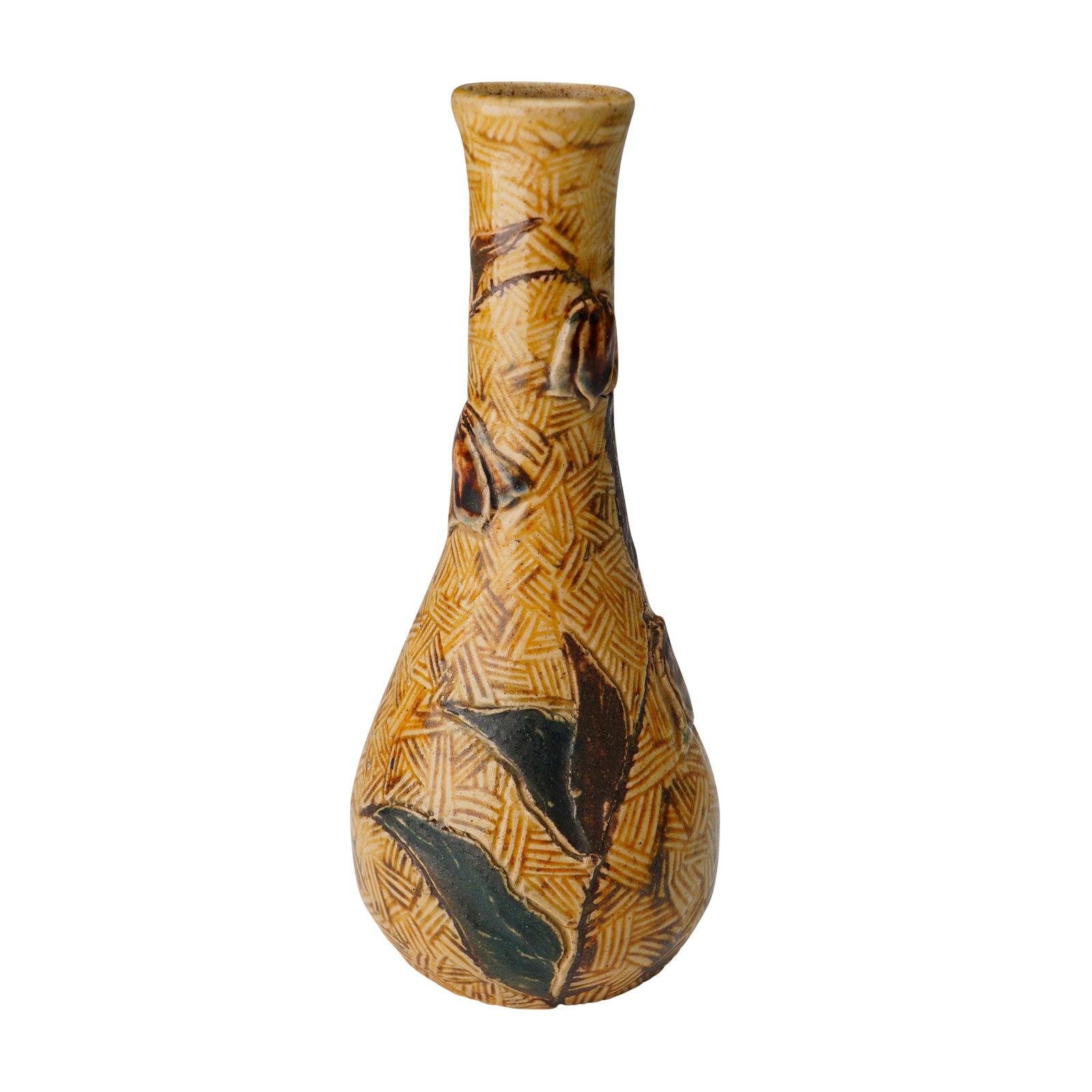 Martin Brothers Stoneware Floral Vase: Featuring a small bulbous body tapering into a slender neck. The exterior is decorated with a textured geometric background in ochre tones, overlaid with incised and applied floral and foliate motifs