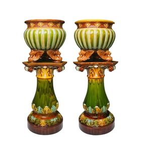 4pc Doulton Lambeth Majolica Jardinieres and Stands