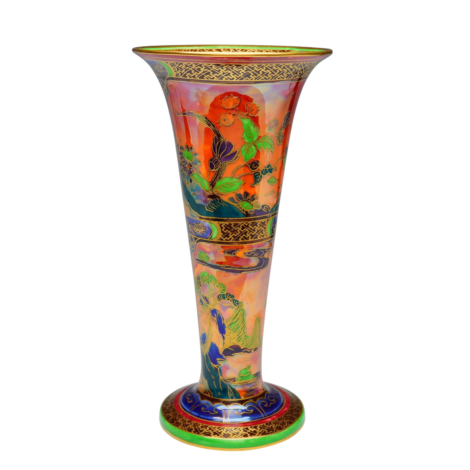 Wedgwood Flame Fairyland Lustre Trumpet Vase, Daventry Z5413: The vase is decorated in a vivid orange lustre glaze with crimson mottling and iridescent staining across both interior and exterior surfaces. The interior is enriched with alternating vertical panels