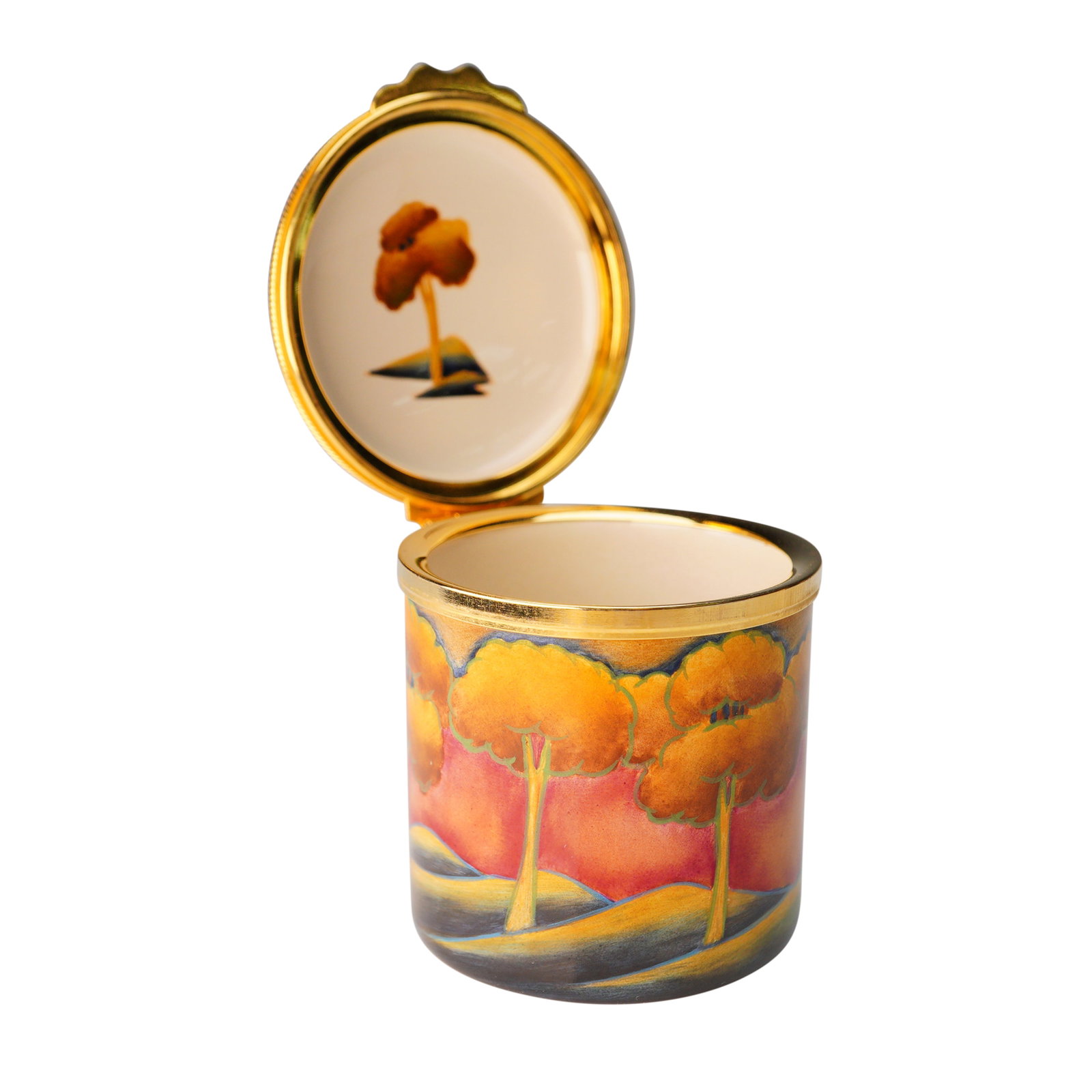 Moorcroft Porcelain Jewelry Box, Golden Trees: A charming Moorcroft enamel jewelry box decorated with the vivid Golden Trees design. The box features glowing sunset shades of orange, gold, and deep blue, accented with gleaming gilded metal mounts.
