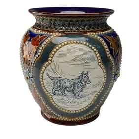 Doulton Lambeth by Hannah Barlow Stoneware Dog Multi Panel Vase
