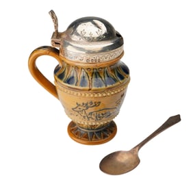 Doulton Lambeth Deer Mustard Pot by H. Barlow, Silver & Spoon