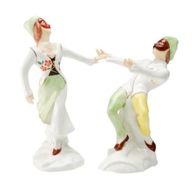Pair of Michael Sutty Porcelain Figurines, Harlequin and Columbine