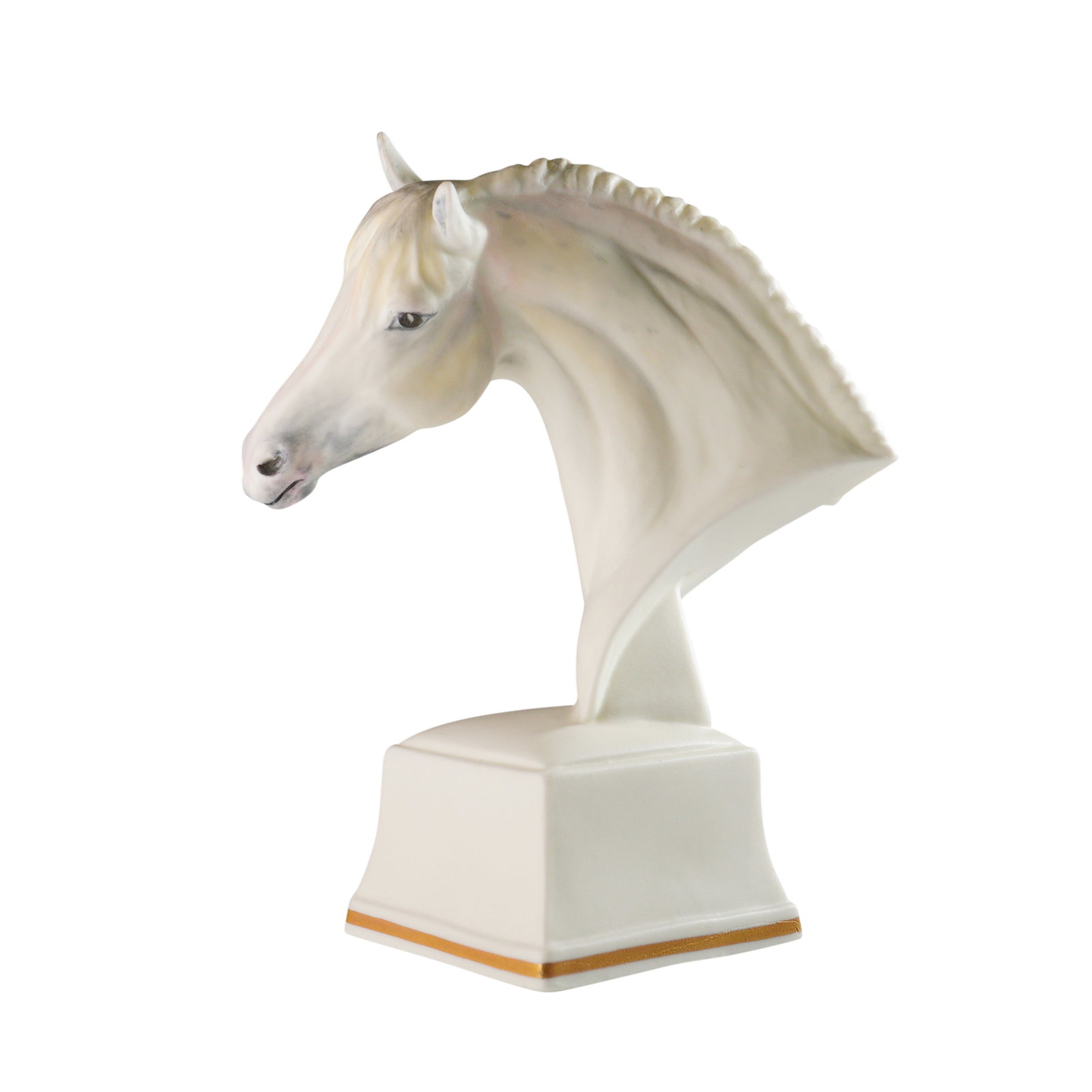 Royal Worcester Horse Head Bust, Eous: A fine bone china bust titled Eous from the Royal Worcester horse head series, sculpted in sharp relief and hand-painted in naturalistic shades of chestnut and cream. The bust is mounted on a white pe