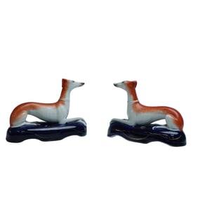 Pair of Staffordshire Pottery Greyhound Inkwells