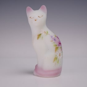 Fenton Hand Painted Satin Glass Cat Figurine Signed Fleak