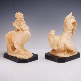 2pc A. Santini Rooster Sculptures on Black Bases