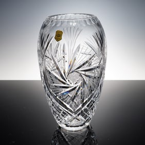Polish Hand Cut Lead Crystal Vase with Radiating Starbursts & Crosshatches