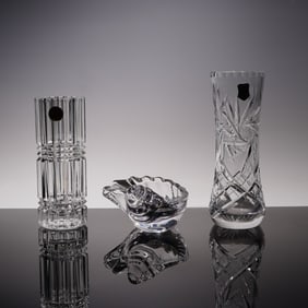 3pc Hand Cut Crystal Vases and Shell Bowl