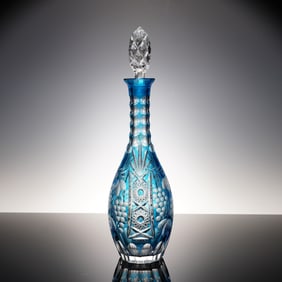 Bohemian Blue Cut-to-Clear Crystal Decanter w/Stopper: Grapevine Panels