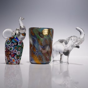3pc Murano Art Glass Tumbler, Millefiori and Clear Elephants
