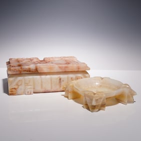 2pc Mexican Onyx Carved Ashtray & Lidded Box Set