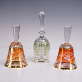 3pc Yugoslavia Cut Glass Bell Lot Etched Floral Design