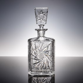 Brilliant Cut Crystal Whiskey Decanter with Square Stopper & Radiant Panel