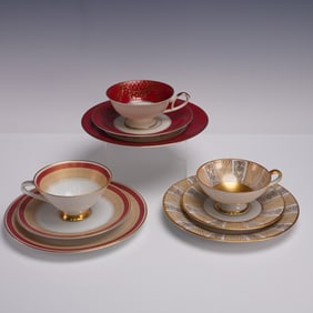 9pc Assorted German Porcelain Gilt Trio Sets: Teacup, Saucer & Dessert Plt