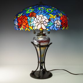Tiffany Style Art Glass Table Lamp with Vibrant Floral Leaded Shade