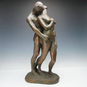Figural Sculpture of Embracing Nude Couple, Signed and Dated 1986
