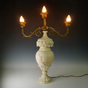 Carved Alabaster Lamp with Gilt Metal Arms