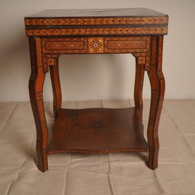 Syrian Inlaid Folding Game Table with Mosaic Inlay