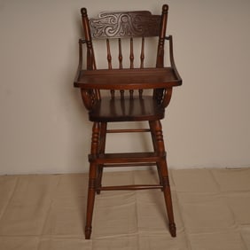 Vintage Wooden High Chair with Carved Back and Lift-Front Tray