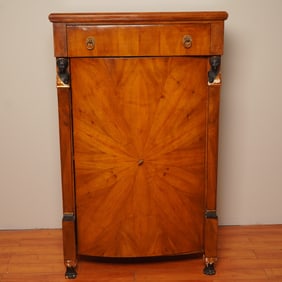 Empire-Style Burl Walnut Cabinet With Drawer and Locking Door