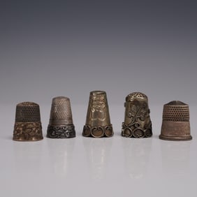 5pc Vintage and Sterling Silver Thimbles, Assorted Designs