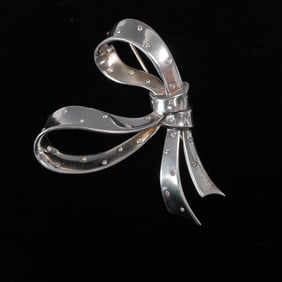 Crown Trifari Sterling Silver Rhinestone Bow Brooch, Alfred Philippe Design