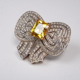 Rhinestone and Yellow Glass Bow Brooch
