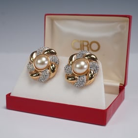 Pair of S.A.L. for Ciro Pearl and Crystal Clip-On Earrings in Original Box