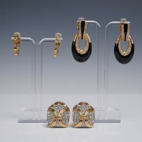 3 Pair Gold Tone Earrings Lot with Crystals