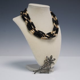 2pc Beaded Necklace and Floral Rhinestone Brooch