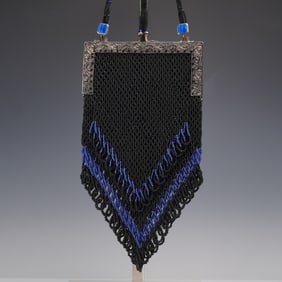 Vintage Black and Blue Beaded Purse With Chevron Fringe and Velvet Interior