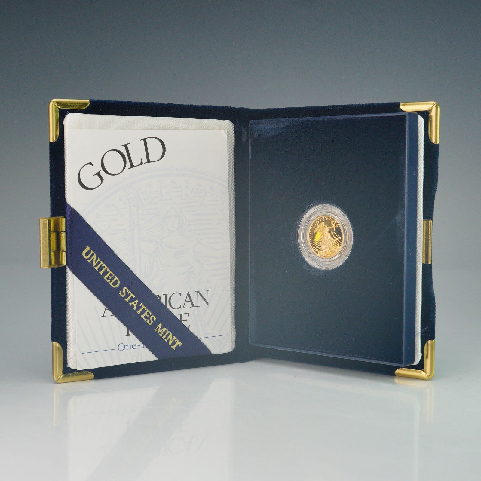 2000-W $5 American Gold Eagle 1/10 oz. Proof Coin: United States Mint 2000-W American Eagle Gold Proof Coin with a face value of five dollars. This coin is struck in 22-karat gold (91.67% purity), alloyed with 3% silver and 5.33% copper for added dura