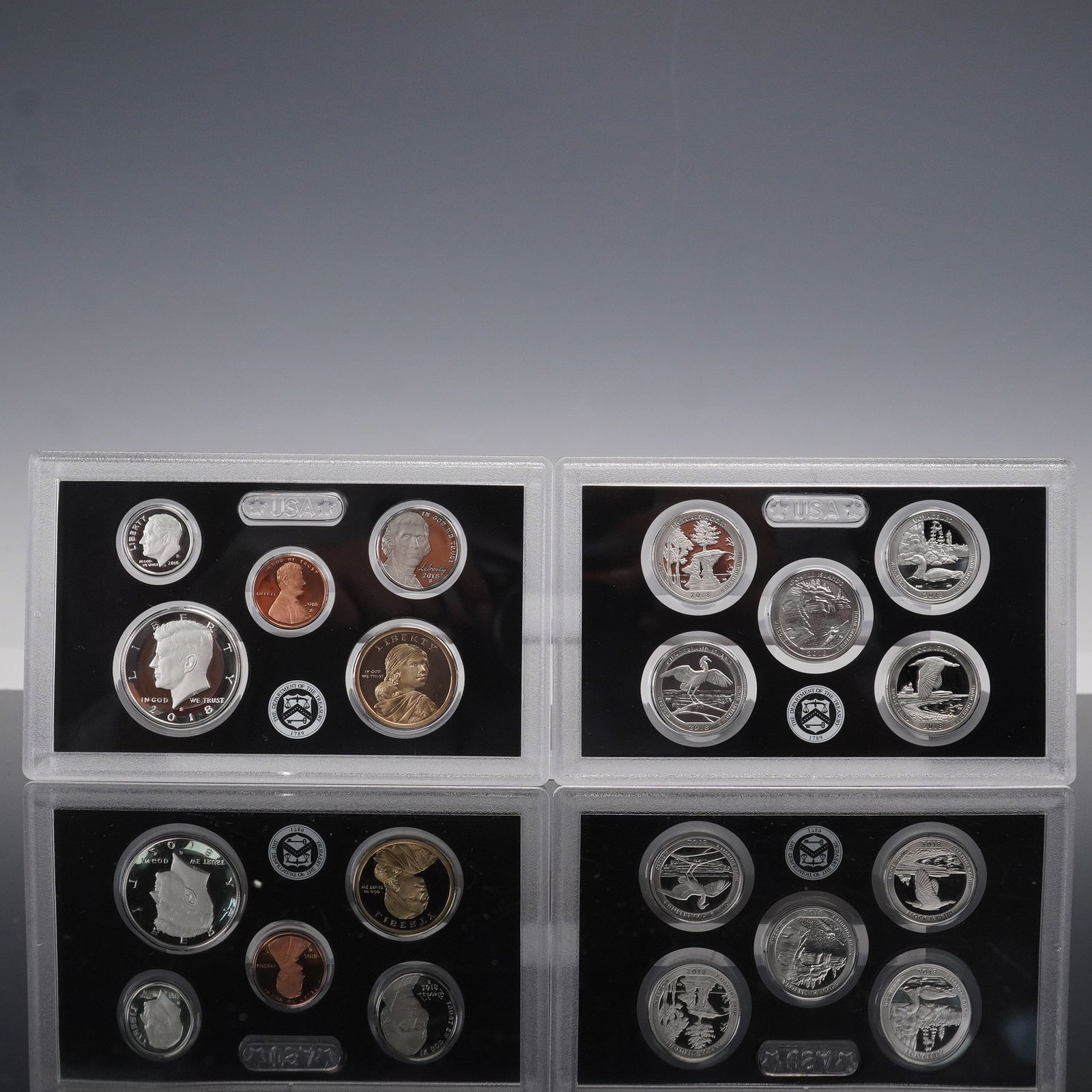 2018-S US Mint 10pc Silver Proof Set OGP: Ten-piece United States Mint Silver Proof Set from 2018, housed in two original clear plastic lenses and accompanied by its original packaging and Certificate of Authenticity. This set includes five A