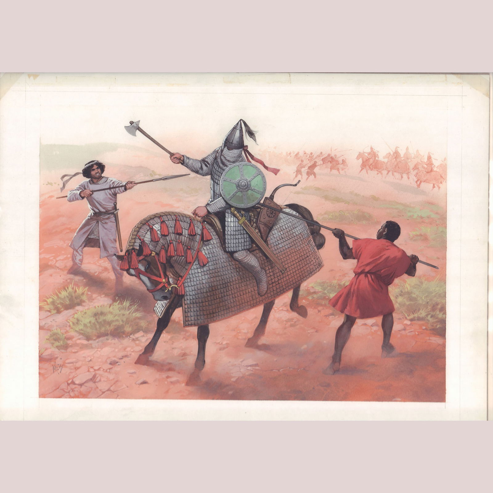 Angus McBride Original Gouache Muslim Conquest of Persia, Blandford Press: A vibrant, meticulously detailed original gouache illustration by renowned historical artist Angus McBride, Plate 11 from the Blandford Press Historical Warrior Illustration series. This dynamic piece