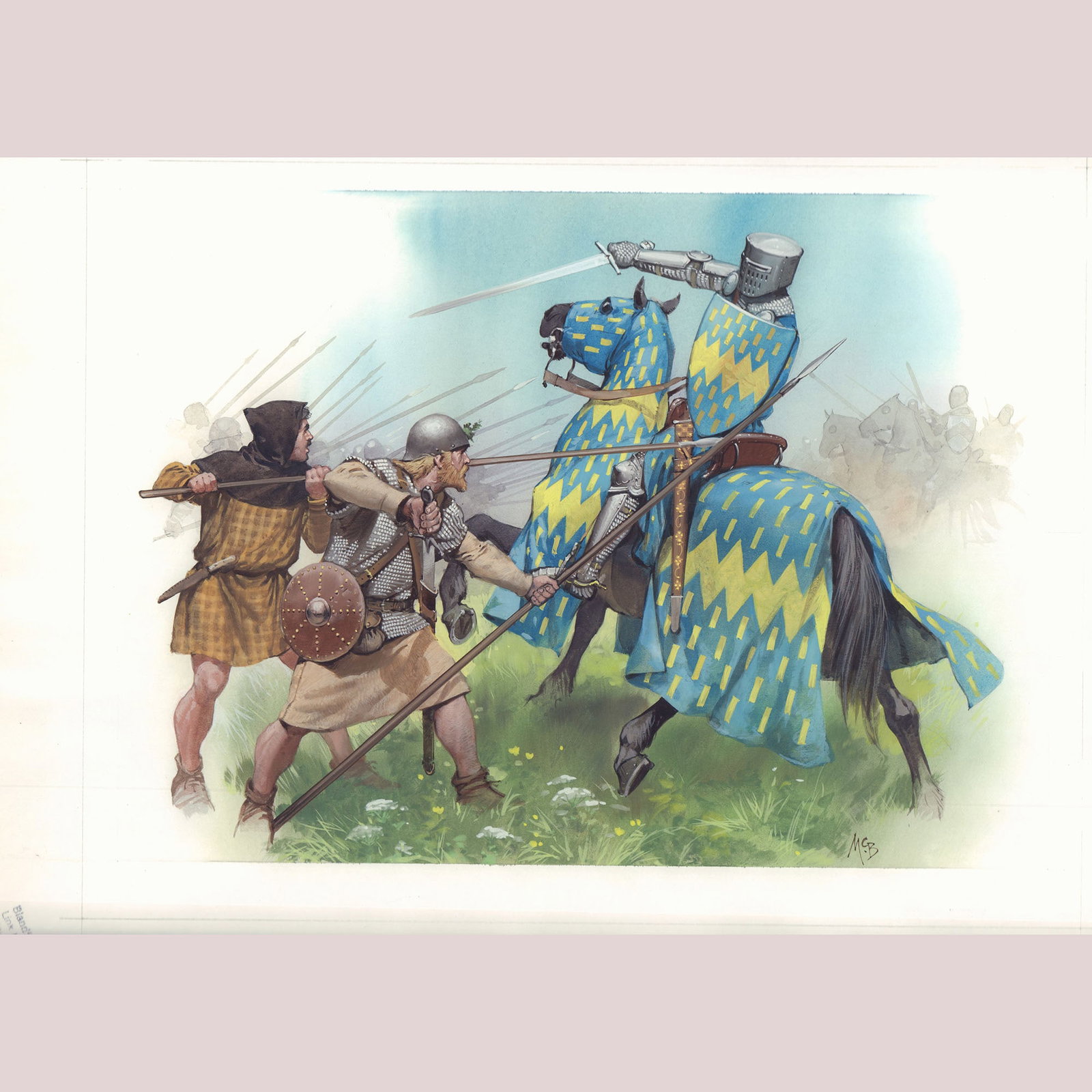 Angus McBride Original Gouache on Board, Battle of Bannockburn, Signed: A gripping original gouache on board by celebrated historical illustrator Angus McBride, signed lower right. This vivid scene captures the fierce encounter between Scottish highlanders and English cav