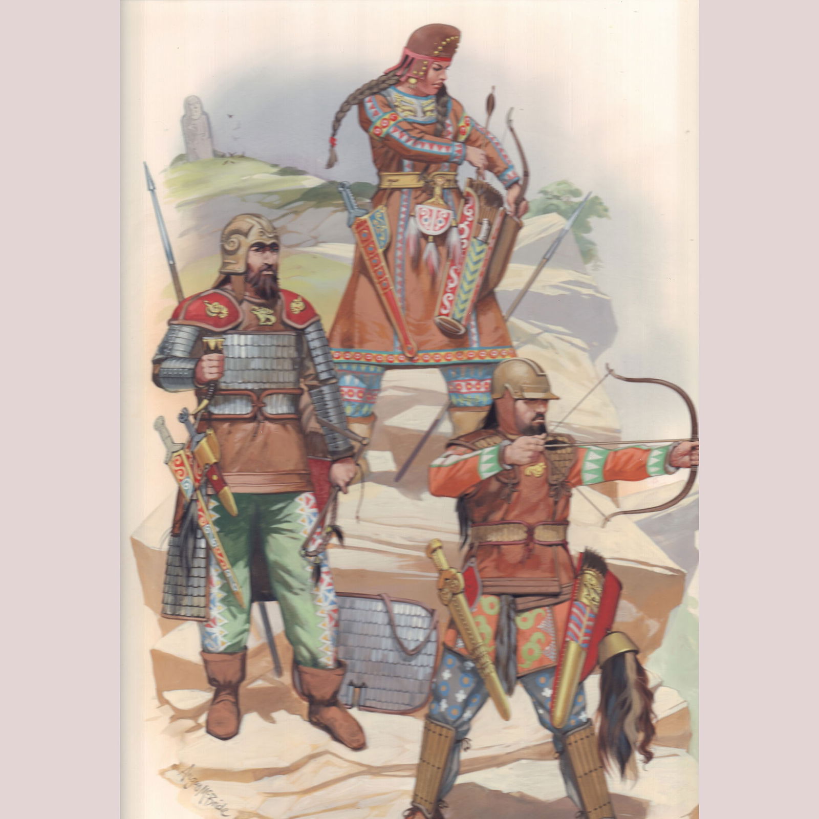 Angus McBride Original Gouache on Board, Scythian Warriors, Signed: Dynamic gouache illustration by Angus McBride depicting three Scythian warriors in vivid detail. The central mounted female archer wears traditional ornamented armor and patterned trousers, flanked by