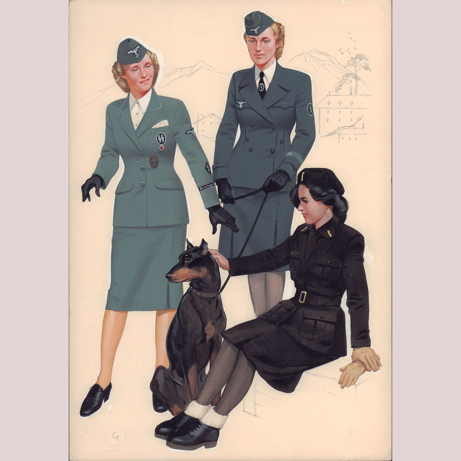 Angus McBride Original Gouache on Board, Women at War: A striking original gouache painting by the renowned historical illustrator Angus McBride, this work features three women depicted in detailed World War II military uniforms, accompanied by a Doberman