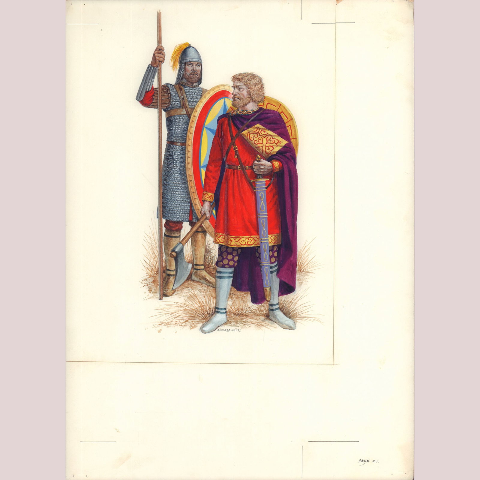 Richard Hook Original Gouache on Board, Footsoldier and Nobleman, Signed: Striking original gouache on board by Richard Hook, featuring two Anglo-Saxon warriors in richly detailed period attire. The foreground figure, likely a nobleman, is shown in an ornate red tunic and p