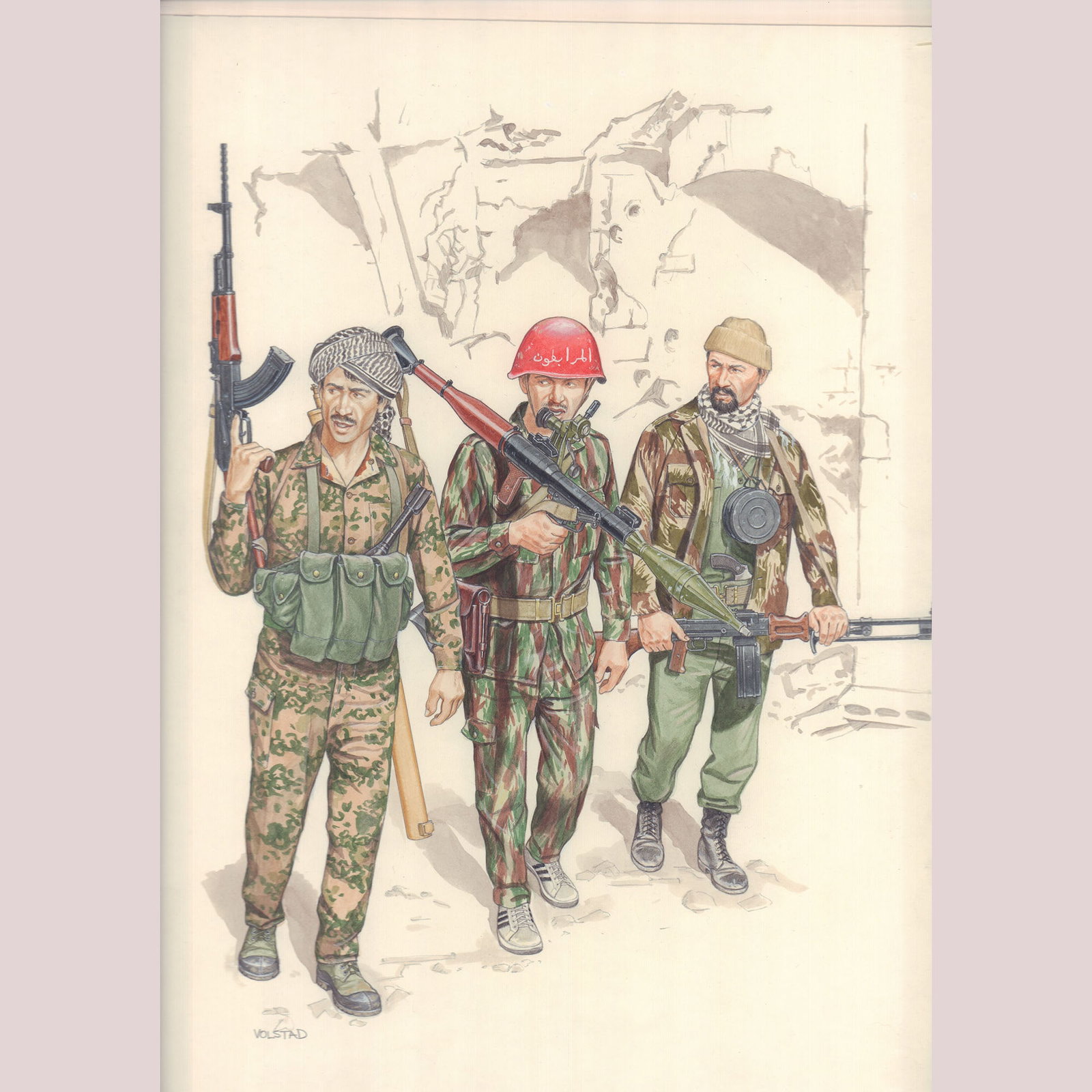 Ron Volstad Original Gouache on Board, Middle Eastern Fighters, Signed: An original gouache on board military illustration by Ron Volstad, signed below the leftmost figure. The composition depicts three Middle Eastern irregular fighters in a war-torn urban setting. At lef