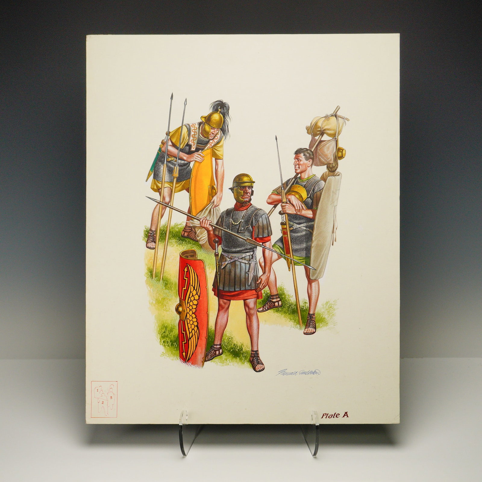 Ronald Embleton Original Gouache & Ink on Board, Roman Soldiers, Signed: An original illustration by British artist Ronald Embleton, rendered in gouache and ink on board. The composition features three Roman soldiers in detailed armor and dress, executed with Embleton's si