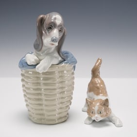2pc Lladro Porcelain Figurine Set Dog in Basket and Scare-Dy Cat