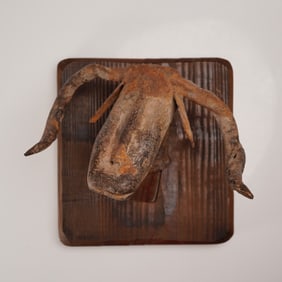 Primitive Iron Bull or Buffalo Head Mounted on Wood Plaque
