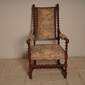 Antique Style Upholstered Armchair with Barley Twist Frame