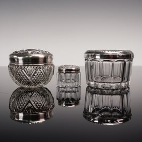 3pc Glass and Sterling Silver Lidded Vanity Jars