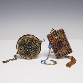 2pc Jeweled Metal Minaudieres with Chain and Tassel Accents