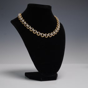 Gold Tone Link Necklace with Pave Rhinestones