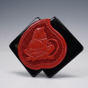 Sunya Currie Art Deco Style Monkey Brooch with Cinnabar Carving