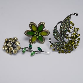 3pc of Green Floral Rhinestone Brooches