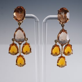 Pair of Sterling Silver Gilt and Glass Teardrop Chandelier Earrings